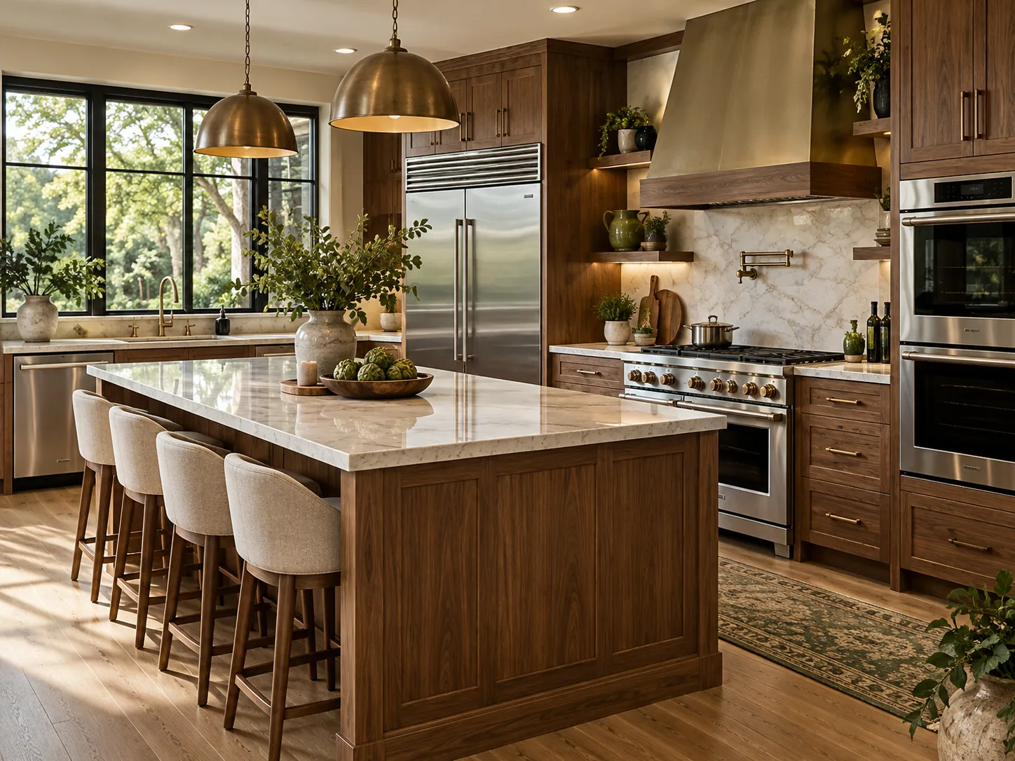 Modern premium kitchen with built-in refrigerator, professional range, and luxury appliances